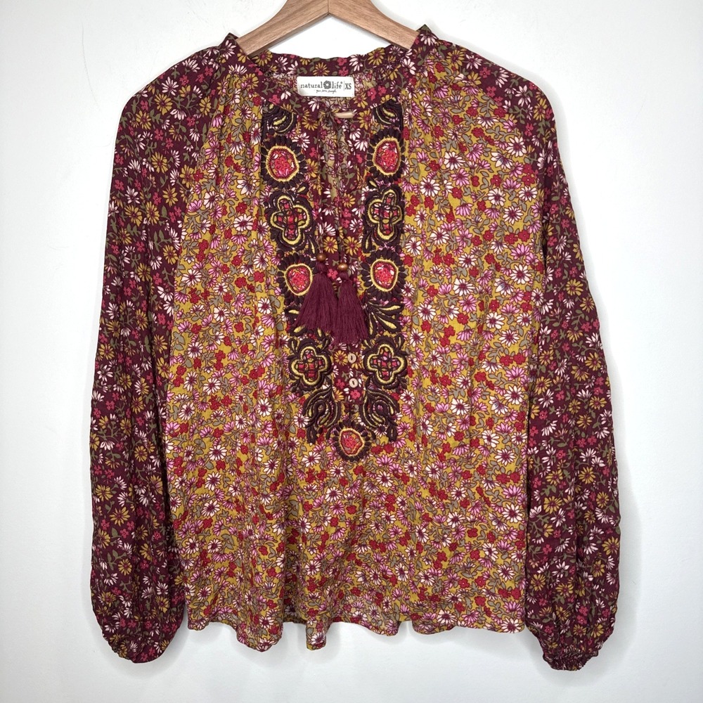 Natural Life Peasant Boho Floral Tassel Blouse Top Womens XS Embroidered Prairie - Picture 2 of 8
